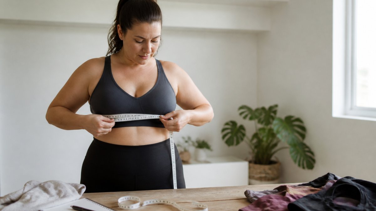 Woman using a measuring tape to measure her underbust for a proper sports bra fit
