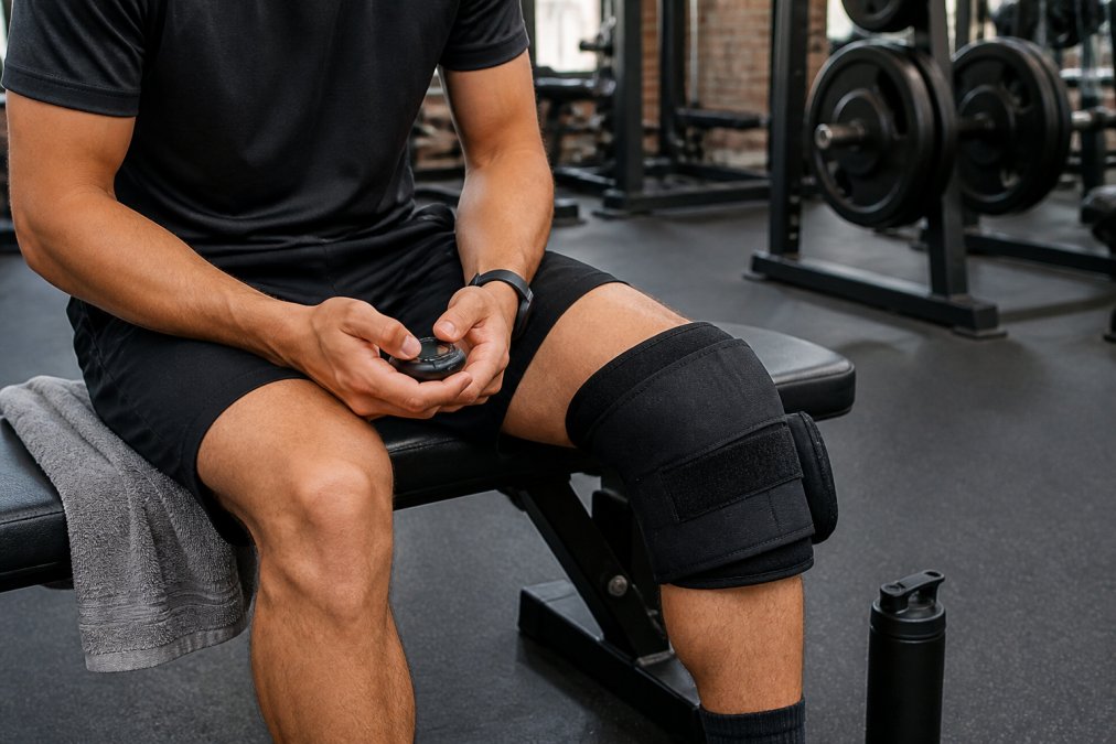 Close-up of an athlete sitting on a gym bench with a wearable cold compression sleeve wrapped around their knee, holding a stopwatch, with a towel and water bottle nearby