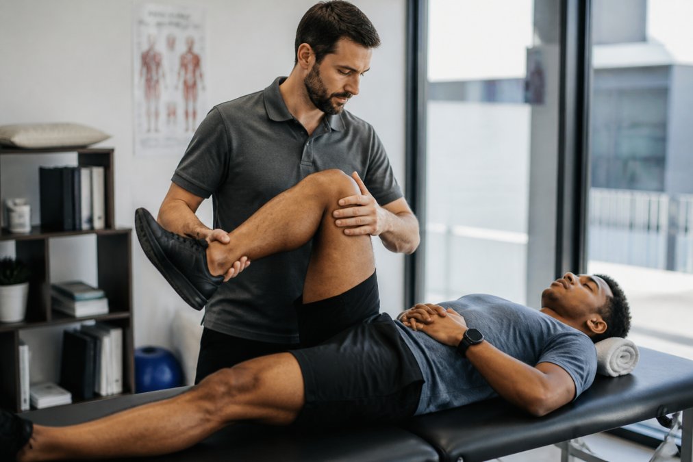 Physical therapist working with athlete performing therapeutic rehabilitation exercises on treatment table in modern clinical setting with natural lighting