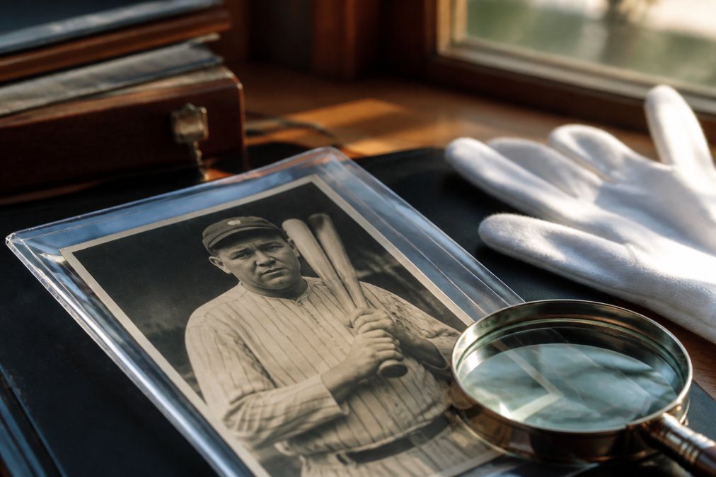 Vintage 1932 Babe Ruth Type I photograph, a premium sports memorabilia alternative, resting on a wooden desk.