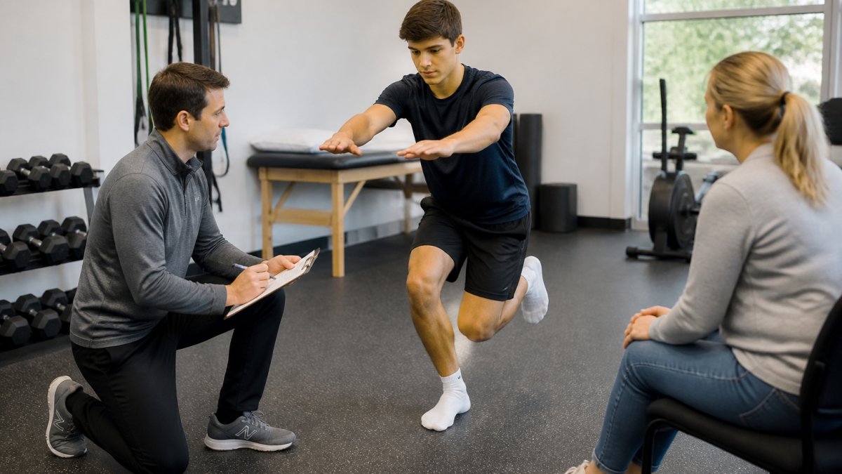 A physical therapist kneeling beside a young athlete performing a single-leg squat test in a bright modern clinic, clipboard in hand, a parent watching from a chair nearby