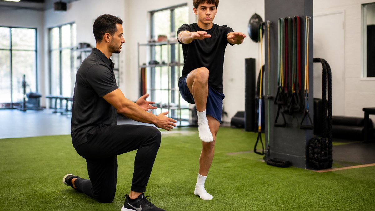 A physical therapist guiding a young athlete through a single-leg balance exercise in a bright clinic with turf flooring and resistance bands nearby
