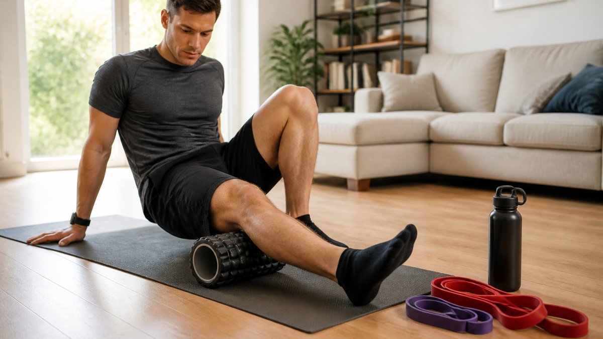 Person using a foam roller on their leg while seated on a yoga mat in a bright living room, with recovery tools including a water bottle and resistance bands nearby