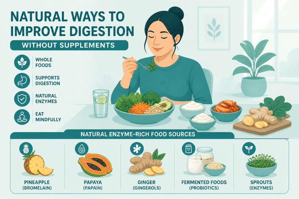 Person eating mindfully at a table with whole foods including vegetables, ginger root, and fermented foods visible, demonstrating natural enzyme-rich food sources in a calm, well-lit dining environment