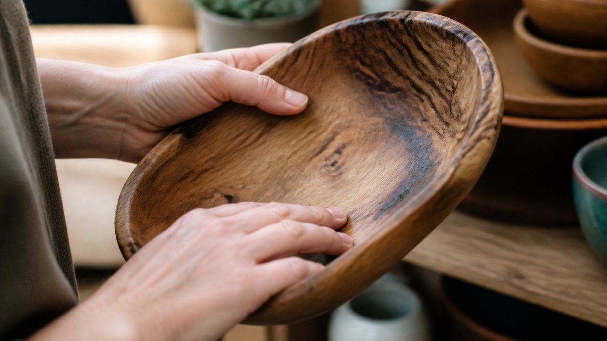 Close-up of hands examining texture and grain details of a handcrafted wooden bowl, showing natural light highlighting surface imperfections and hand-finished edges
