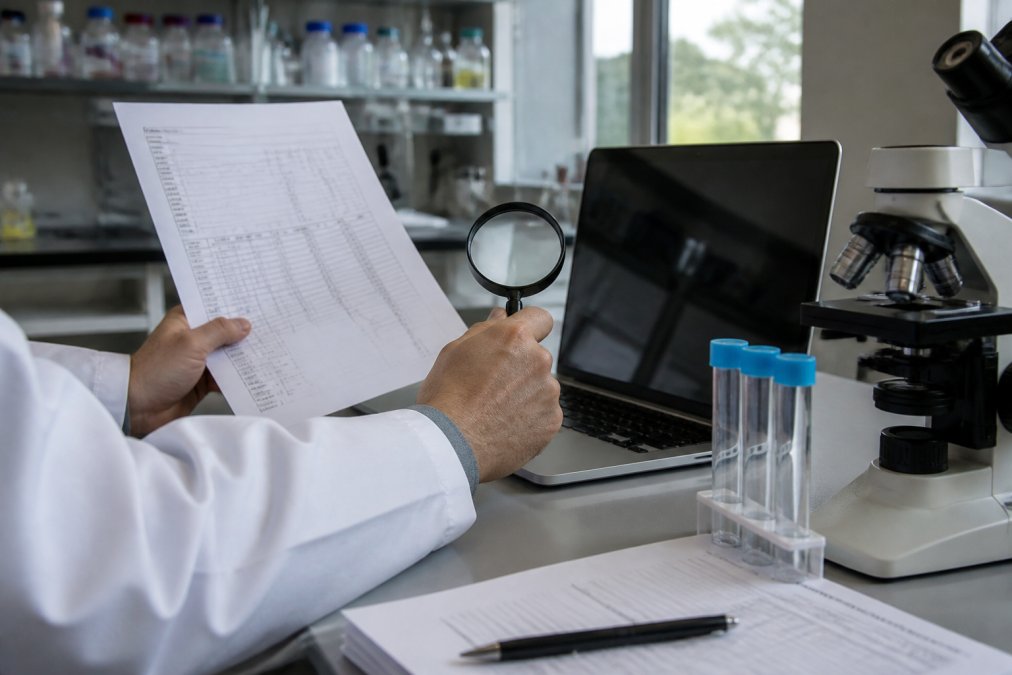 A researcher's hands holding a printed lab report and a magnifying glass over a laptop screen displaying a PDF document, in a well-lit modern laboratory setting