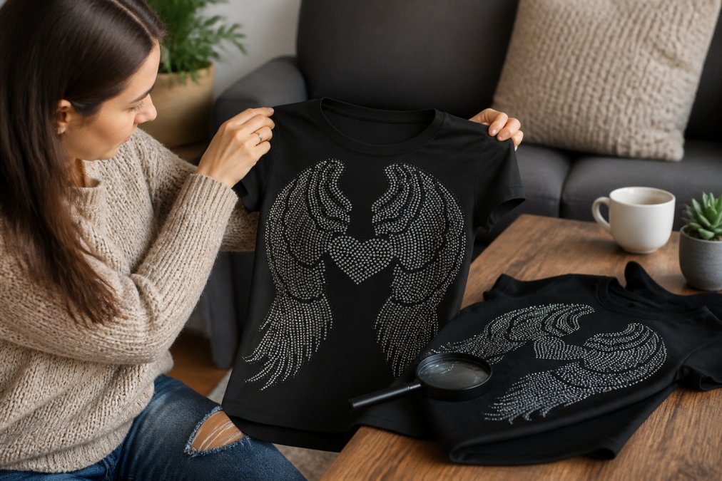 Woman reviewing product photos and detailed size charts on a laptop screen while holding a trendy rhinestone top, examining close-up images of stitching and hardware before purchase