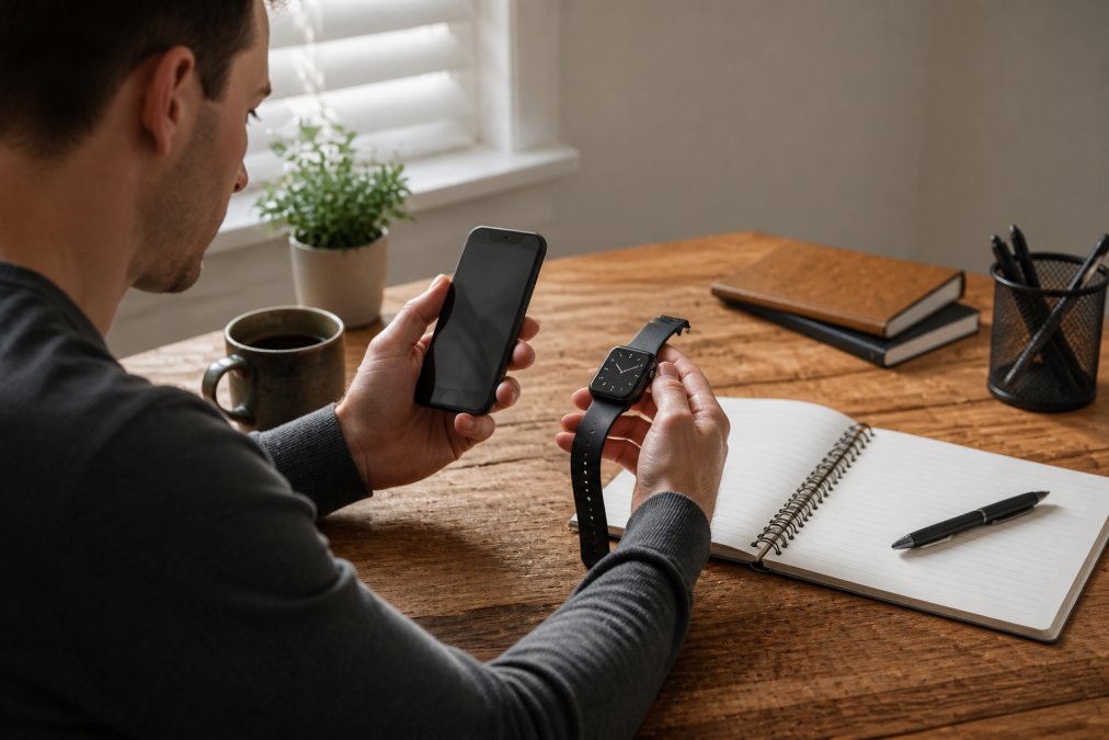 Person sitting at desk with notebook, examining a smartphone and smartwatch side by side, studying product specifications and feature lists with natural daylight