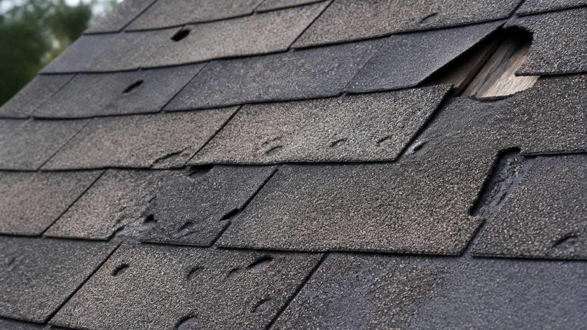 Close-up of residential roof shingles showing visible hail dents, curled shingle edges, and missing sections on weathered asphalt shingles