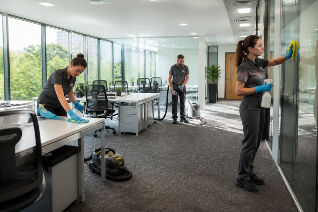 Professional cleaning team in uniform working in modern office space, using equipment to clean desks and glass partitions with natural light streaming through windows