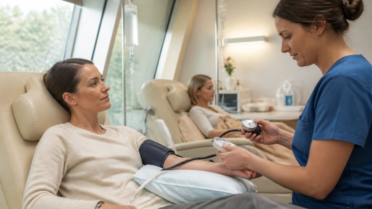 A patient sitting comfortably in a reclining chair in a calm, well-lit clinic room, with a healthcare provider nearby checking a blood pressure monitor, conveying a sense of safety and professional care