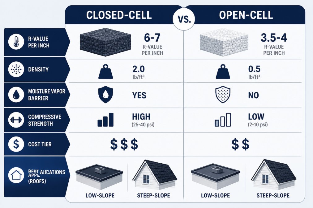 Comparison chart of closed-cell and open-cell spray foam insulation properties for roofing applications