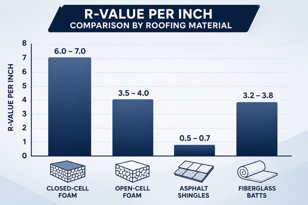 Bar chart comparing R-value per inch across roofing materials: closed-cell foam 6.0-7.0, open-cell foam 3.5-4.0, asphalt shingles 0.5-0.7, fiberglass batts 3.2-3.8