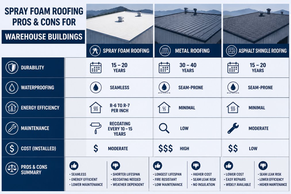Comparison matrix showing spray foam roofing versus traditional metal and asphalt shingle roofing across six categories: durability (spray foam 15-20 years, metal 30-40 years, asphalt 15-20 years), waterproofing (spray foam seamless, metal seam-prone, asphalt seam-prone), energy efficiency (spray foam R-6 to R-7 per inch, metal minimal, asphalt minimal), maintenance (spray foam recoating every 10-15 years, metal patching as needed, asphalt frequent repairs), upfront cost (spray foam moderate, metal high, asphalt low), and lifespan extension (spray foam extends 15-20 years, metal N/A, asphalt N/A)