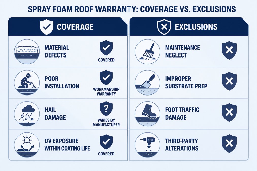 Comparison matrix showing spray foam roof warranty coverage vs. exclusions: material defects (covered), poor installation (workmanship warranty), hail damage (varies by manufacturer), maintenance neglect (excluded), UV exposure within coating life (covered), improper substrate prep (excluded), foot traffic damage (excluded), third-party alterations (excluded)