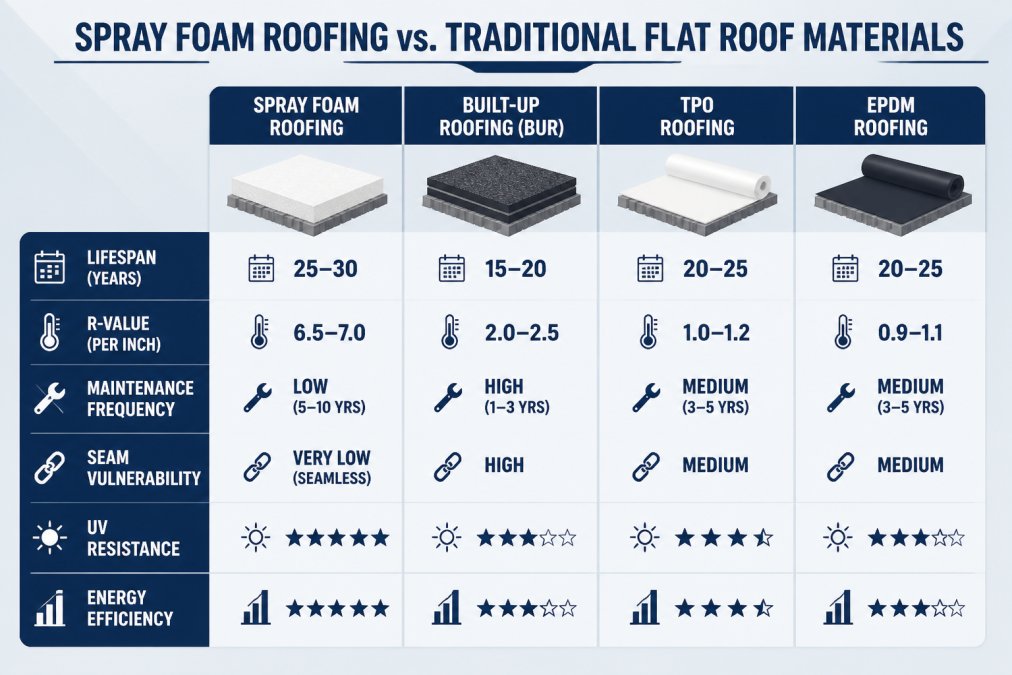 Comparison chart evaluating spray foam roofing for flat roofs against traditional materials like TPO, EPDM, and BUR.