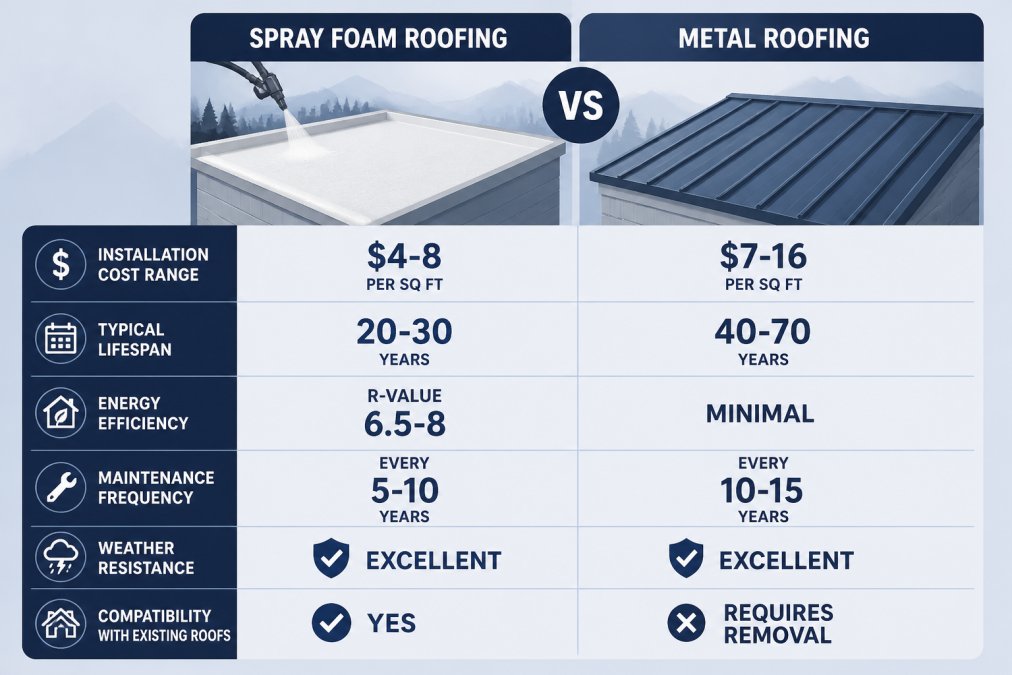 Comparison matrix of spray foam vs metal roofing showing: installation cost range ($4-8 vs $7-16 per sq ft), typical lifespan (20-30 vs 40-70 years), energy efficiency (R-value 6.5-8 vs minimal), maintenance frequency (every 5-10 years vs every 10-15 years), weather resistance (excellent vs excellent), and compatibility with existing roofs (yes vs requires removal)