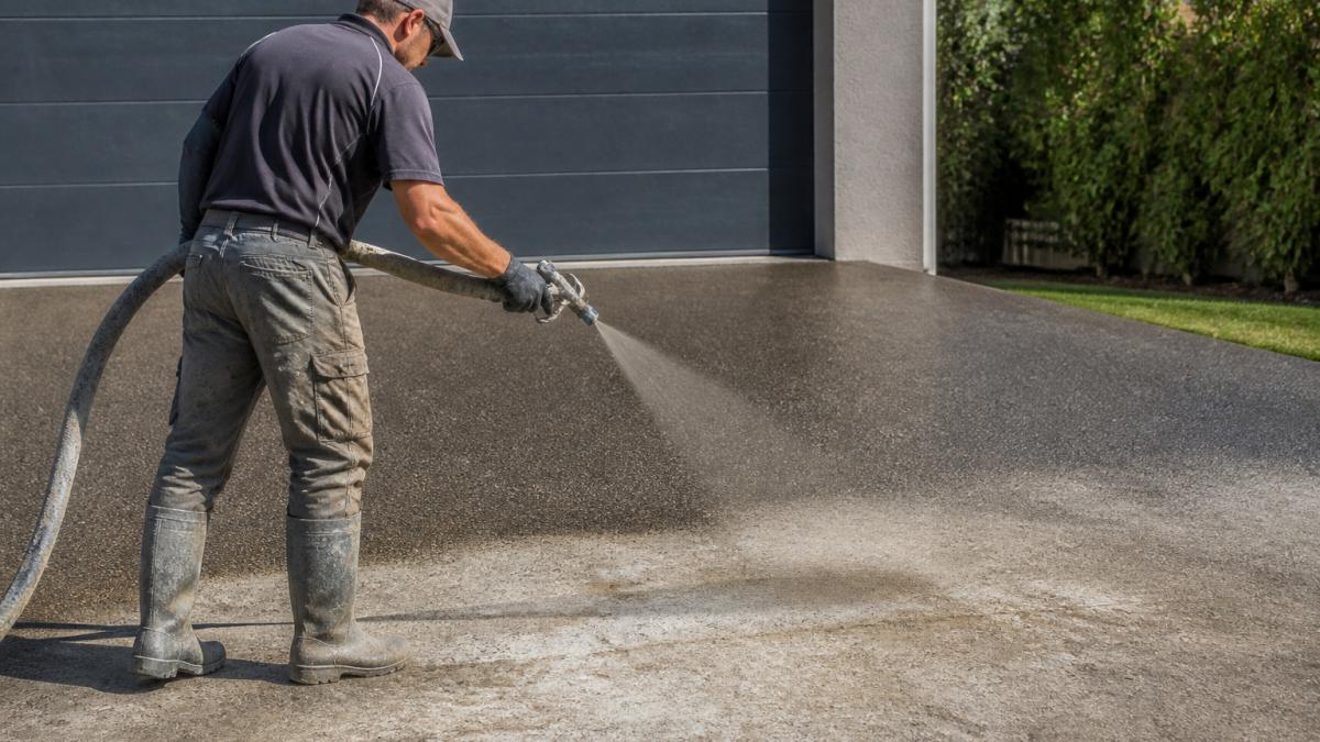 Process diagram showing spray-on concrete vs stamped application steps on a weathered driveway surface