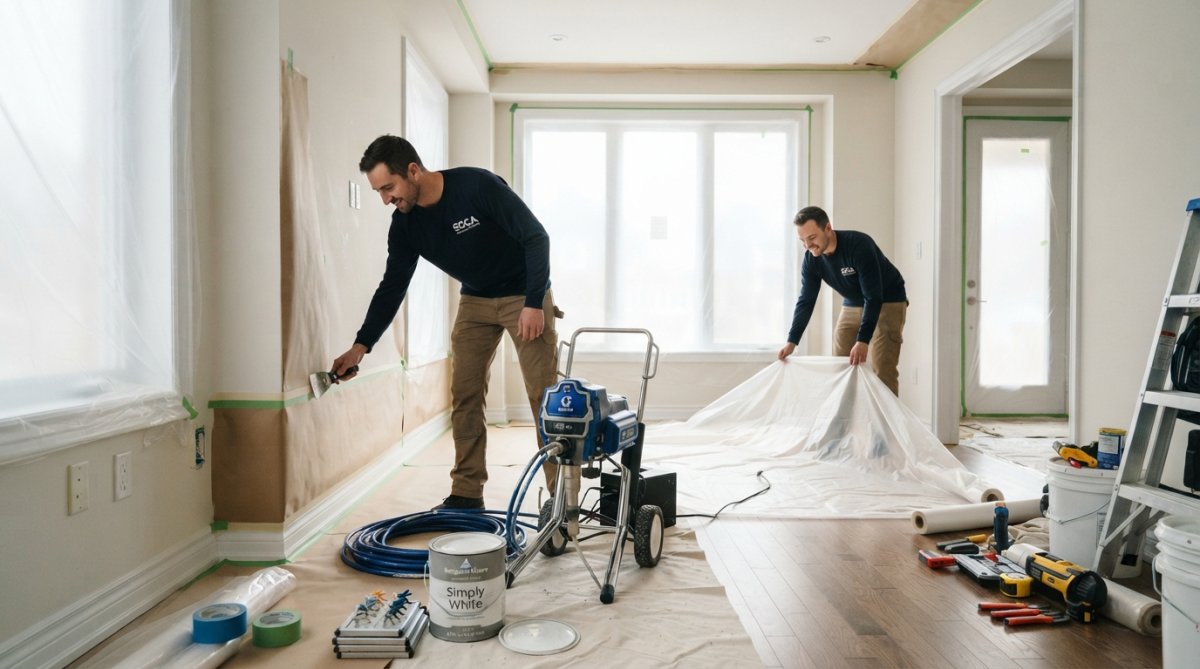 Professional painter carefully masking residential interior walls with blue painter's tape and plastic sheeting, protecting trim and flooring before spray application