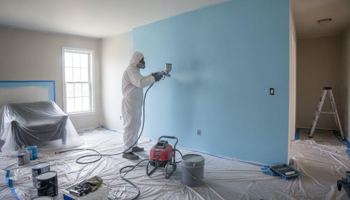 Professional painter using airless paint sprayer on interior wall, demonstrating spray technique with fine mist of paint atomizing across the surface in controlled pattern