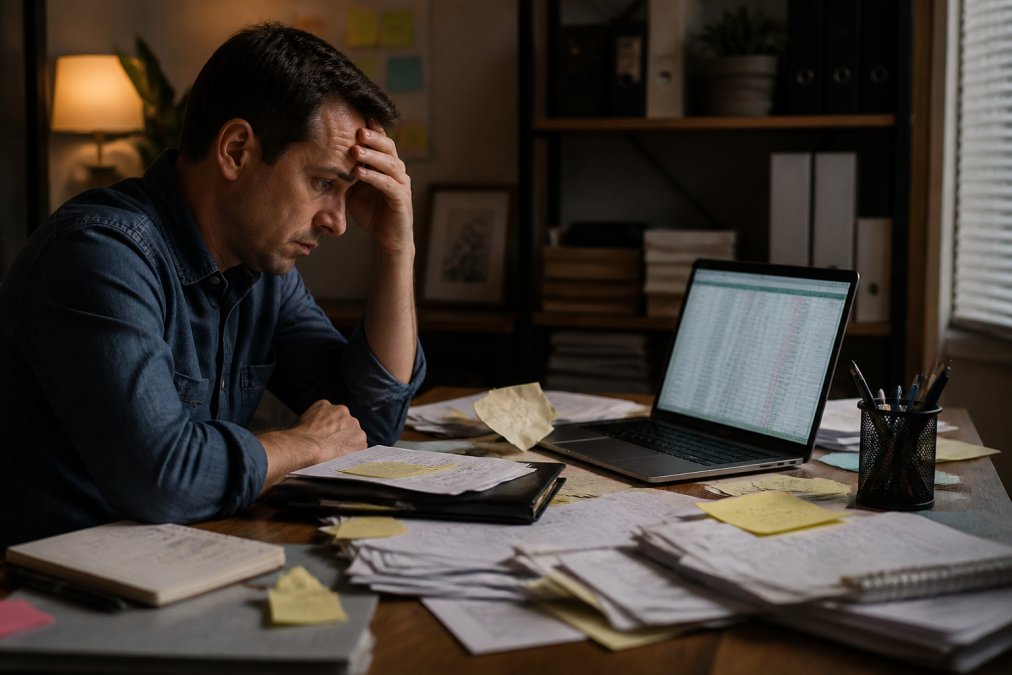 A frustrated small business owner at a cluttered desk, looking at a laptop screen filled with a messy spreadsheet, sticky notes and papers scattered around, in a dimly lit home office
