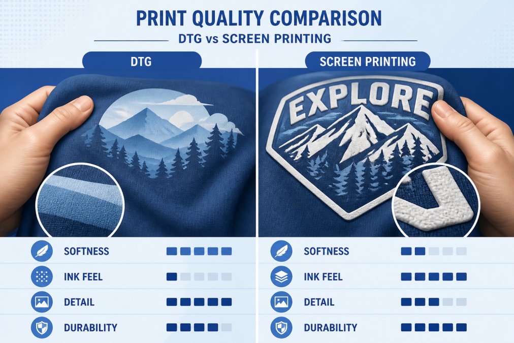 Close-up of two hands holding contrasting t-shirt fabrics side by side, one showing a soft digitally printed design and the other a raised screen printed graphic, under bright workshop lighting