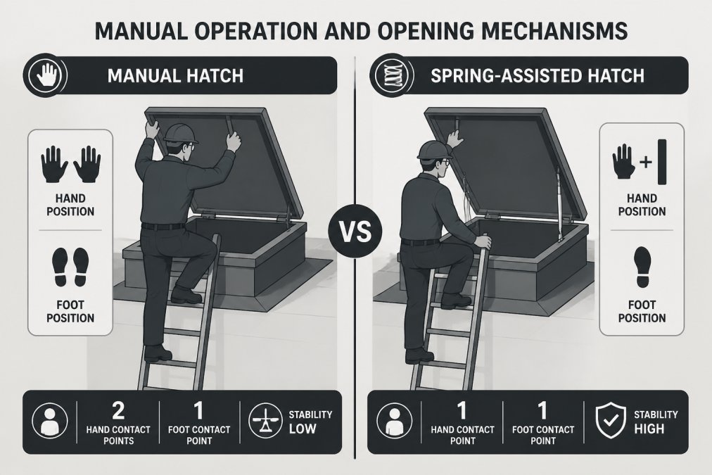 Side-by-side comparison showing a worker's hand position on a manual hatch (both hands gripping lid, feet on ladder rung) versus spring-assisted hatch (one hand on lid, one hand on ladder rail, demonstrating three-point contact)