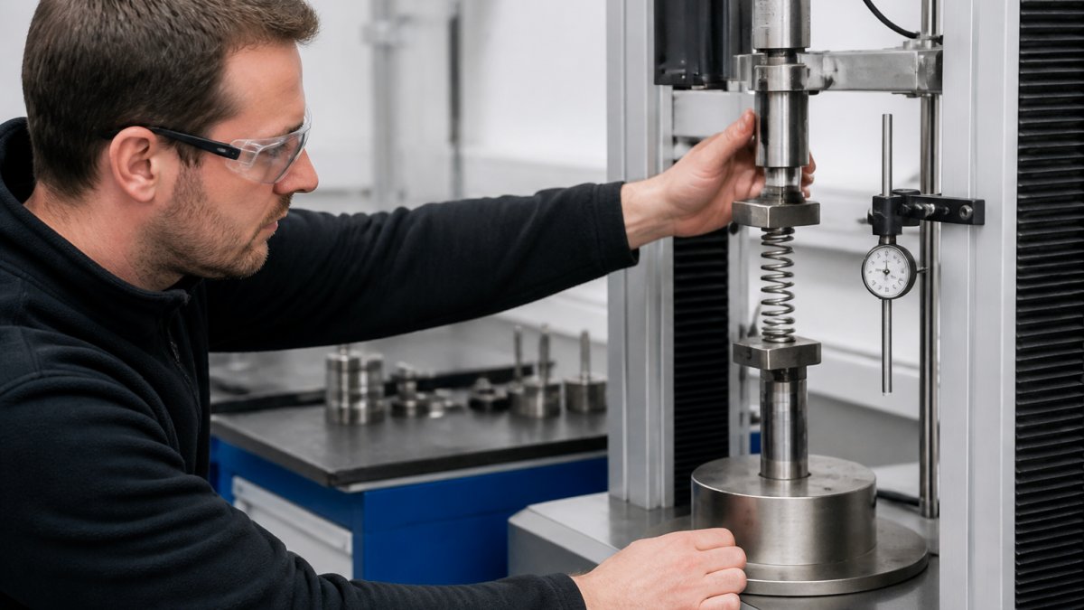 Technician using precision load cell equipment to measure industrial spring deflection in a laboratory