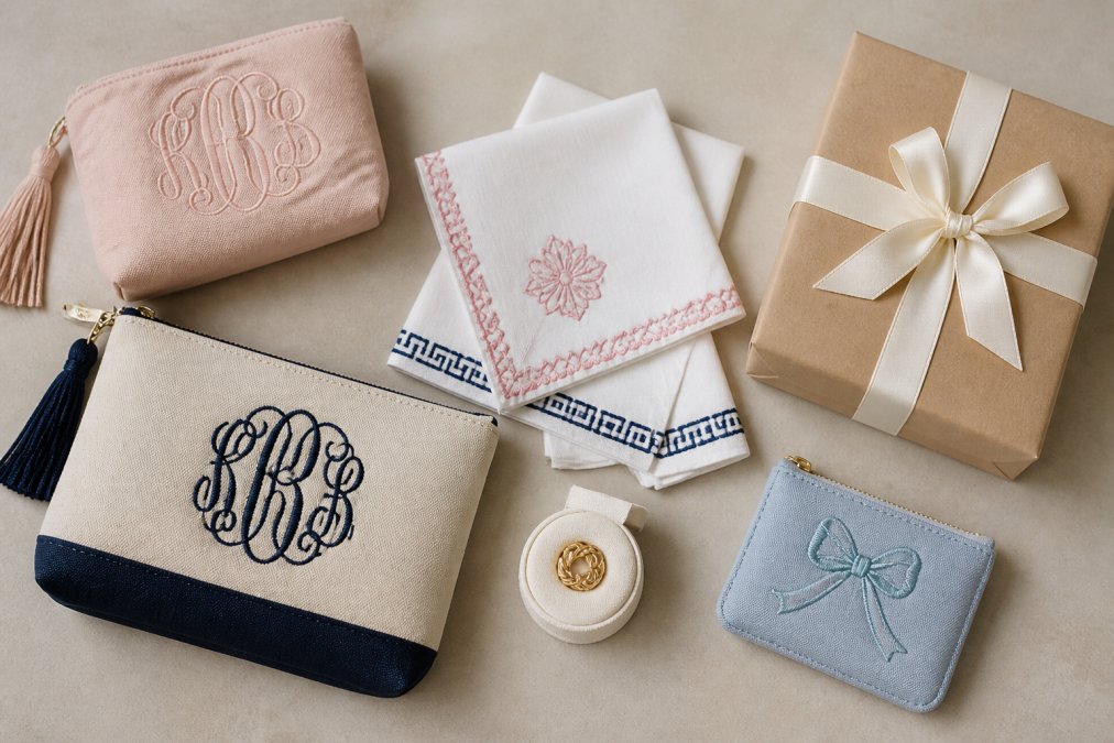 Overhead flat-lay of personalized gift items including monogrammed pouches, custom napkins, embroidered accessories, and wrapped gifts arranged on a neutral surface with soft natural lighting