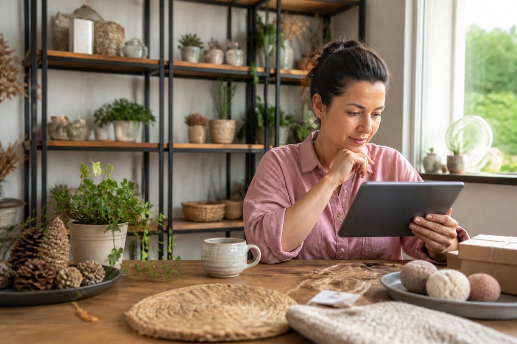 Person selecting custom home decor items and personalized gifts while reviewing options on a tablet in a bright, modern home setting with natural window lighting and organized shelving