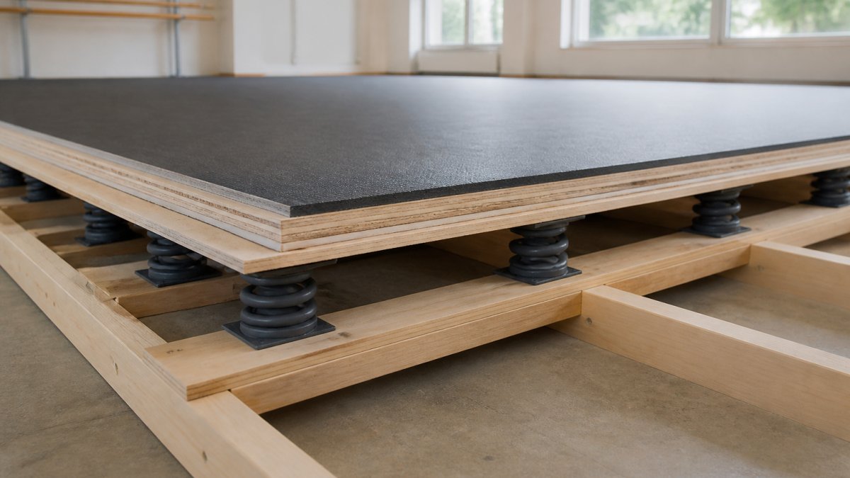 Close-up of professional sprung floor section showing wooden slats, power springs, and layered construction in a dance studio with natural light from windows