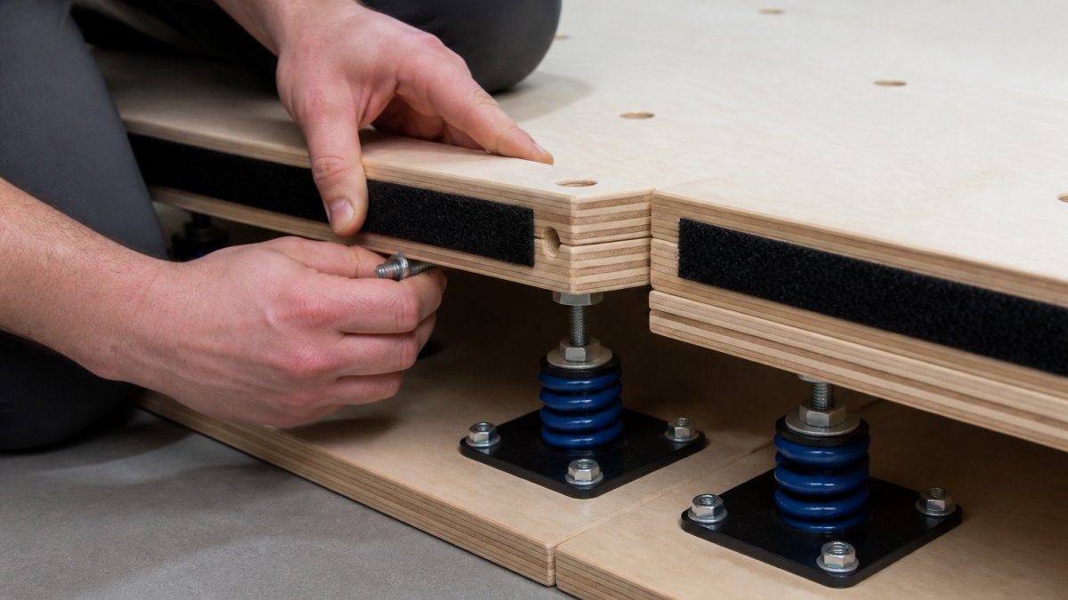 Close-up of hands assembling sprung floor panels with visible power springs and bolt fasteners, showing layered Baltic birch construction and hook-and-loop fastener connections