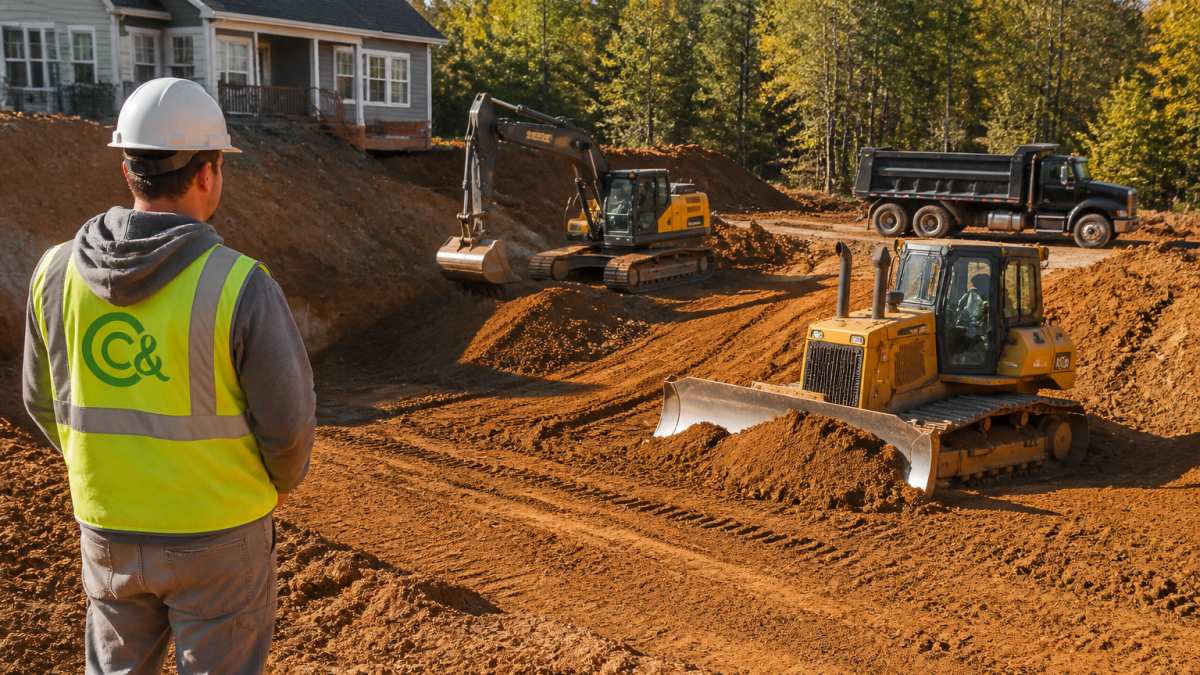 Heavy excavation equipment and crew working on a residential site with exposed soil, grading in progress, and construction vehicles moving earth with proper slope management visible