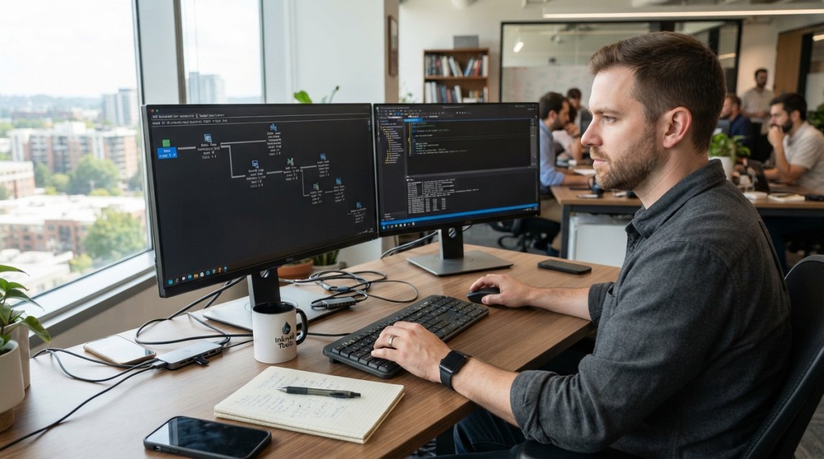 A database administrator in a modern office analyzing query performance on a dual-monitor setup, with one screen showing a graphical query plan tree and the other displaying a query editor, natural daylight from a window