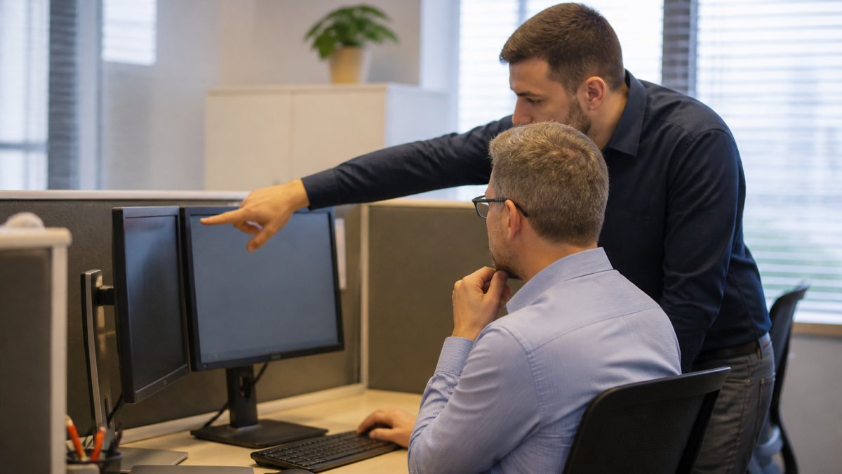 A database administrator at a dual-monitor workstation reviewing SQL Server management screens in a modern office, with a colleague pointing at the screen during a discussion