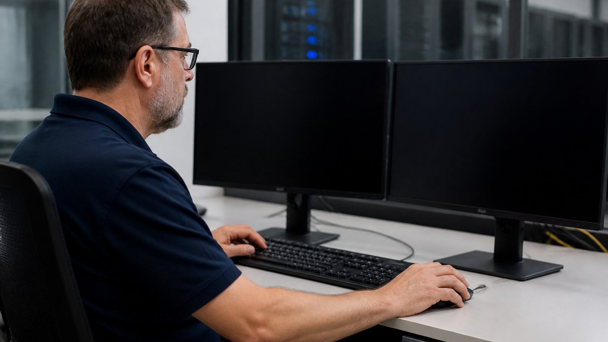 Database administrator reviewing performance data on production monitoring tools in a quiet operations room