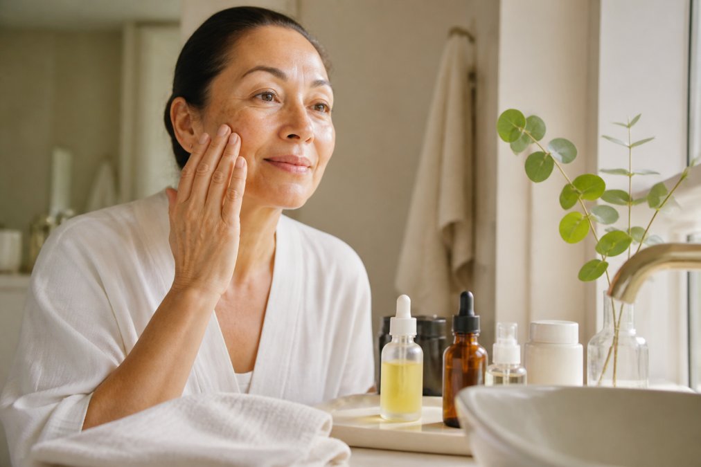 A woman with dry, sensitive skin sitting at a softly lit bathroom counter, gently pressing a few drops of facial oil into her cheek with her fingertips, skincare bottles arranged nearby, calm and unhurried morning scene