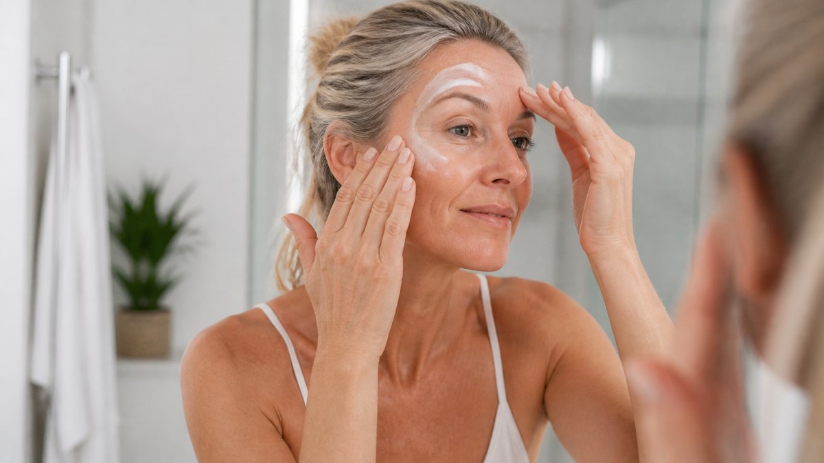 Woman with mature skin applying velvety moisturiser to cheek and forehead in bright bathroom with natural light, hands gently pressing product into skin