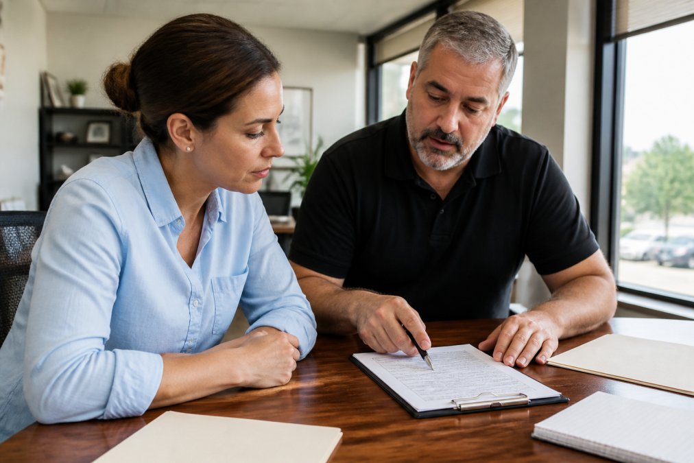 A small business owner reviewing payment processing documents on a laptop with a consultant pointing at a verification checklist on paper, in a bright office setting