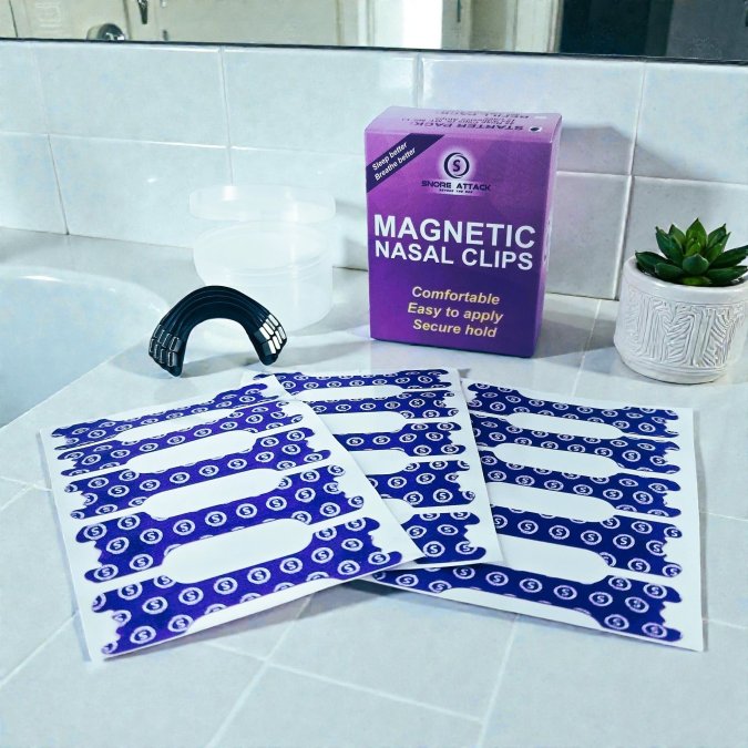 Magnetic Nasal Clips Starter Pack. 4 reusable magnetic nasal clips and 15 nasal strips.