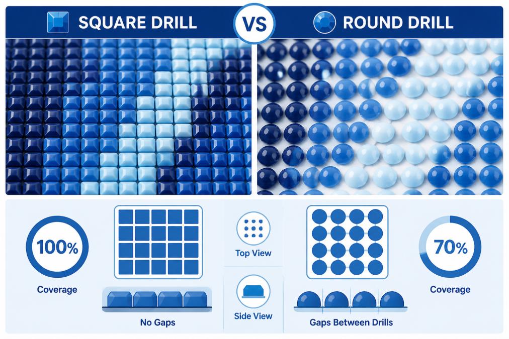 Close-up of completed diamond painting sections showing square drills tightly packed edge-to-edge in perfect rows versus round drills with visible circular gaps between each stone, demonstrating the difference in surface coverage and light reflection