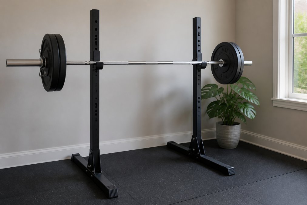 A neatly organized home gym corner with a compact squat stand and a barbell loaded with weight plates, with rubber gym flooring visible and natural light from a nearby window