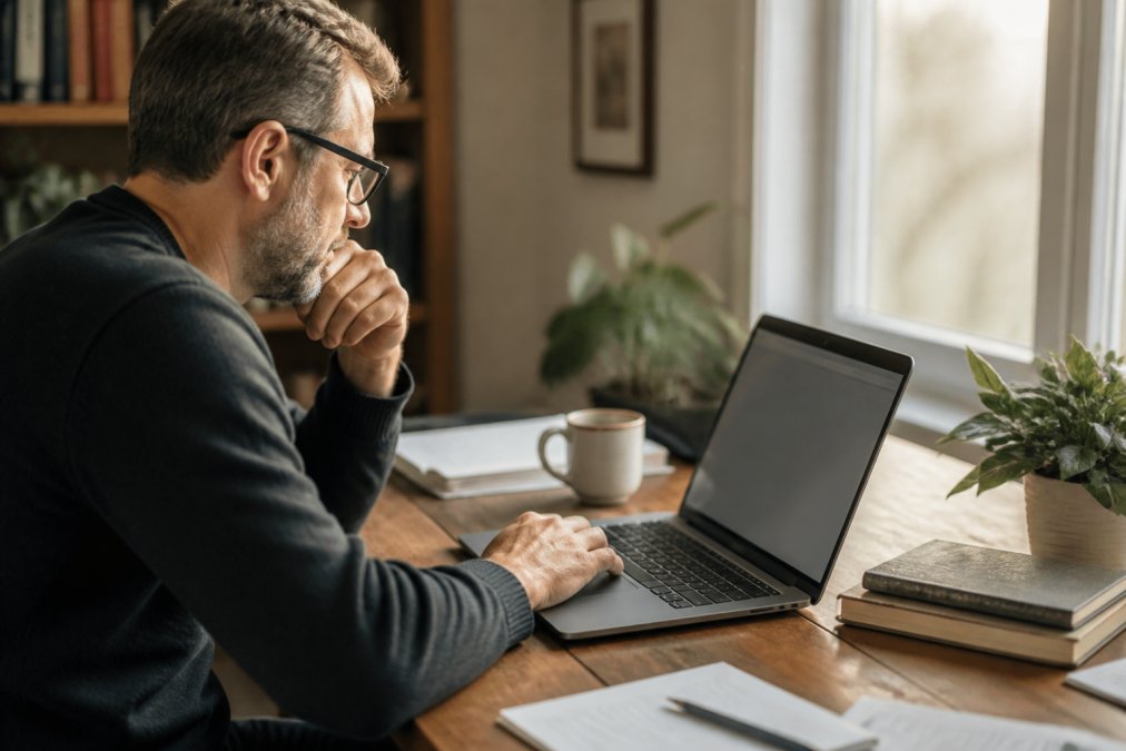 Author sitting at desk with laptop open, displaying a writing dashboard interface, coffee cup nearby, natural window lighting, focused expression