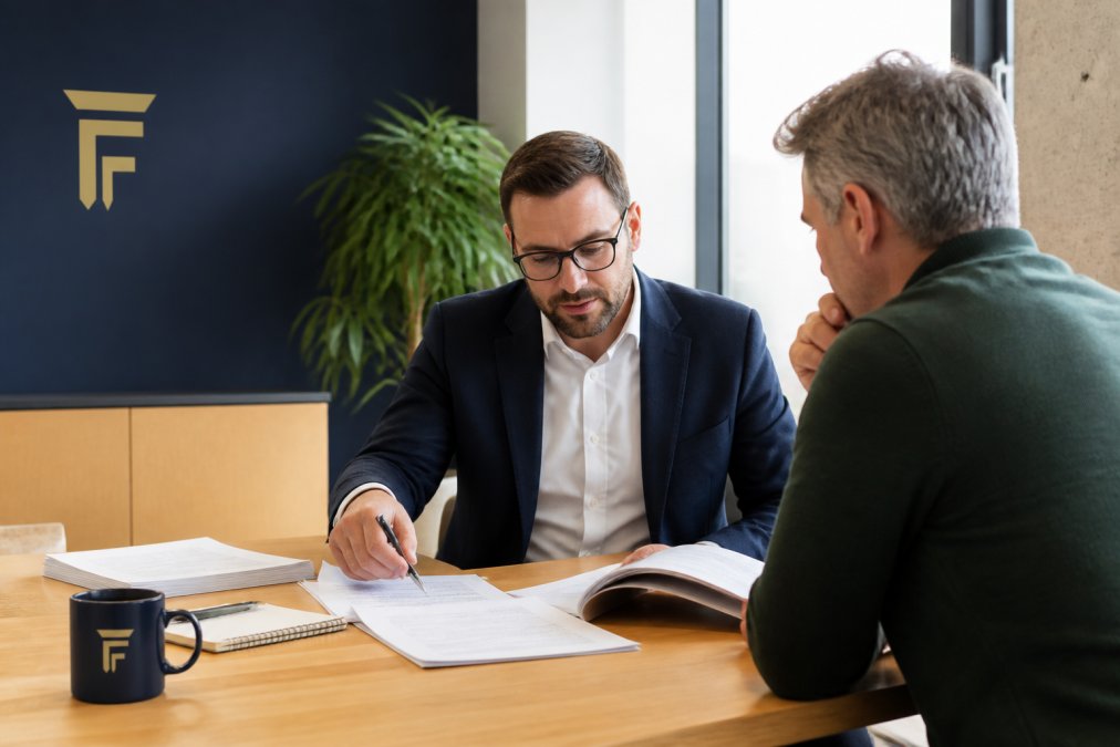 Business owner and financial advisor reviewing funding documents and discussing SR&ED bridge loan alternatives at a desk with laptop and coffee in modern office setting