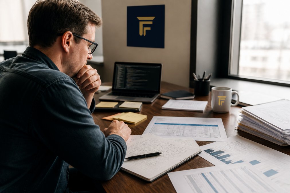 Software developer at desk with dual monitors displaying code and technical documentation, with financial spreadsheets and project notes visible on the workspace