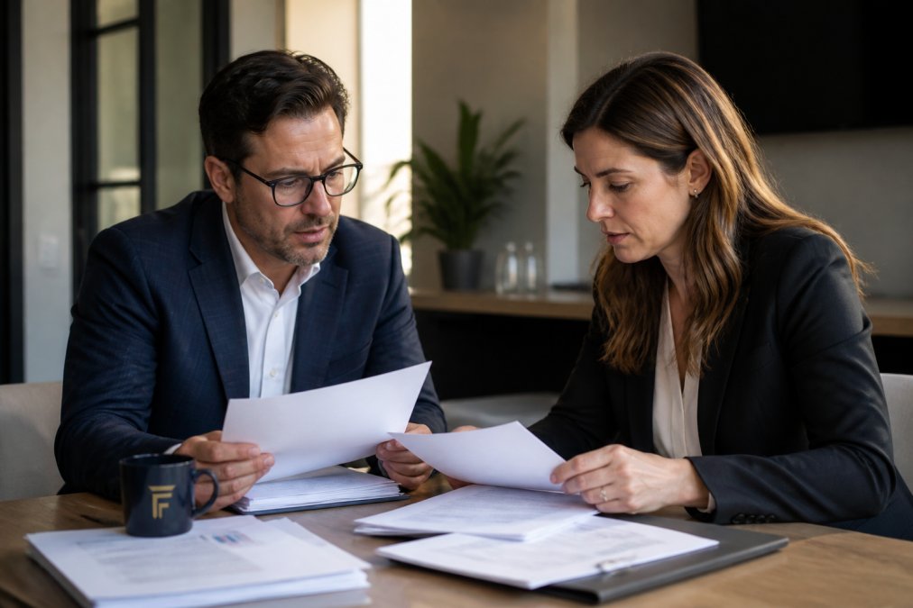 Professional business owner reviewing SR&ED tax credit documentation and financial reports at desk with laptop, discussing claim preparation with financial advisor