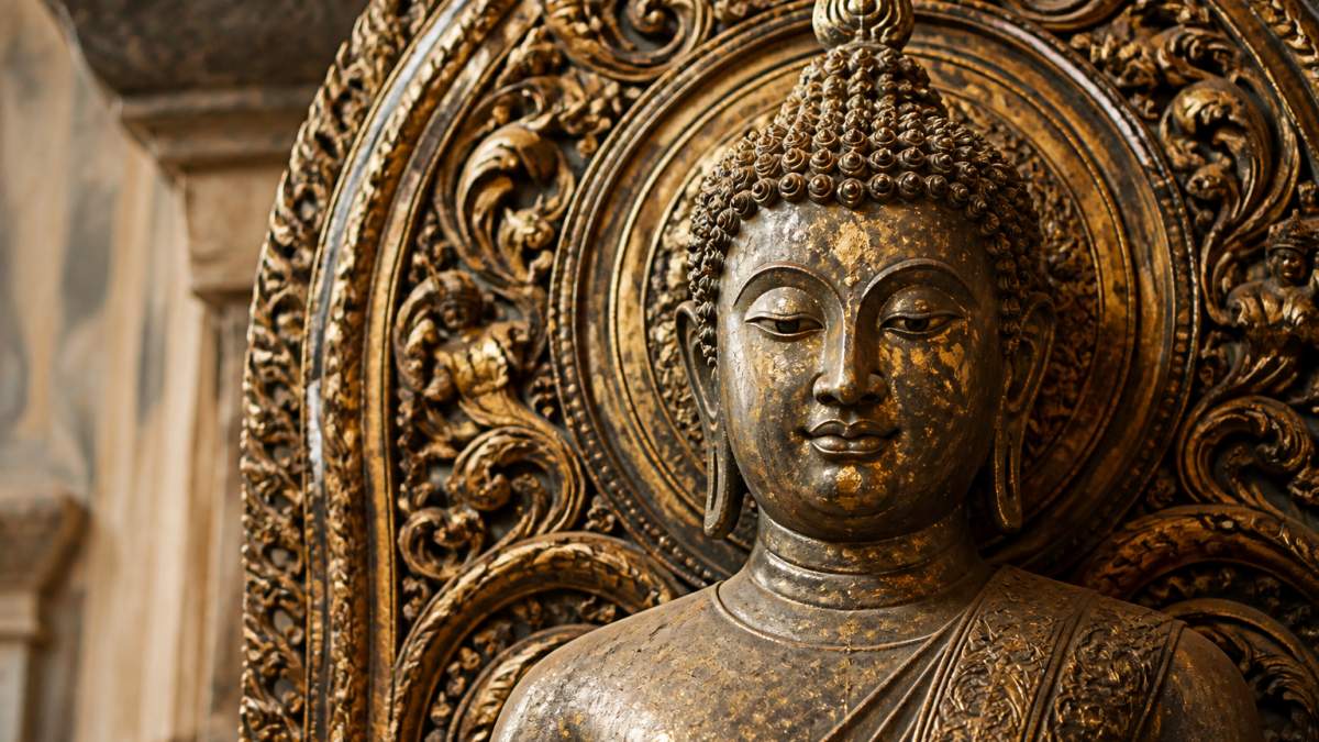 Close-up of ornate Buddha statue with gold leaf accents and intricate carved details showing traditional Buddhist iconography in temple setting