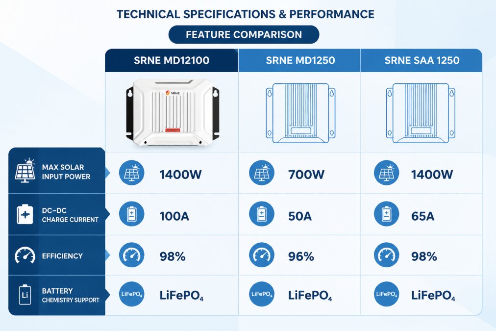 Feature comparison matrix showing SRNE MD12100 vs MD1250 vs SAA 1250 with specifications: max solar input power (1400W vs 700W vs 1400W), DC-DC charge current (100A vs 50A vs 65A), efficiency (98% vs 96% vs 98%), and battery chemistry support (all three support lithium LiFePO₄)