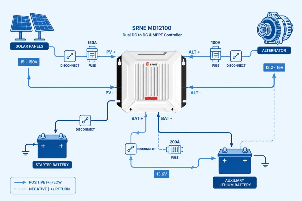 Wiring diagram showing dual-battery system in campervan: starter battery connected to alternator, solar panels connected to SRNE MD12100 PV inputs, alternator connected to ALT inputs, auxiliary lithium battery connected to BAT outputs, with fuses (100A on alternator line, 150A on solar line, 200A on battery line) and disconnect switches at each major connection point, showing voltage flow paths (13.6V to battery, 15-150V from panels, 13.2-16V from alternator)