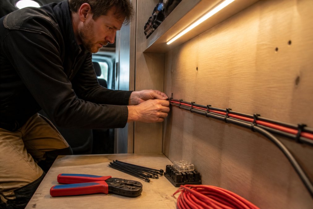 A person in work clothes carefully routing electrical cables along the interior wall of a motorhome during a solar panel installation, with wiring tools and cable ties visible nearby, warm workshop lighting illuminating the cable management process